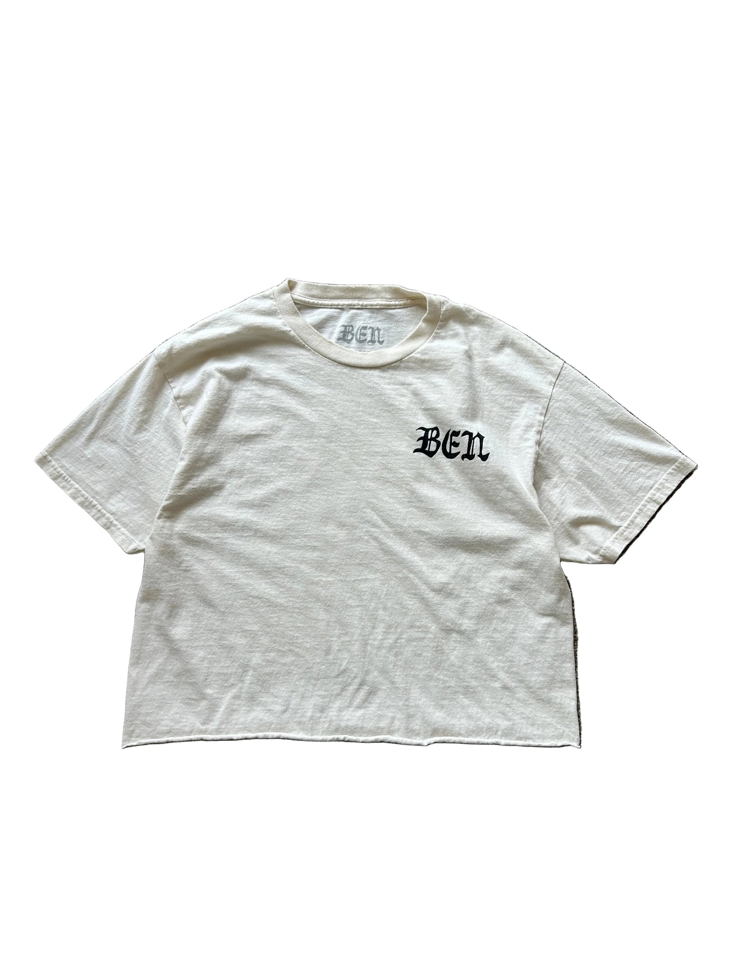 Cream cropped t-shirt with "BEN" printed in black on the chest and neckline Large