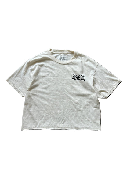 Cream cropped t-shirt with "BEN" printed in black on the chest and neckline Large