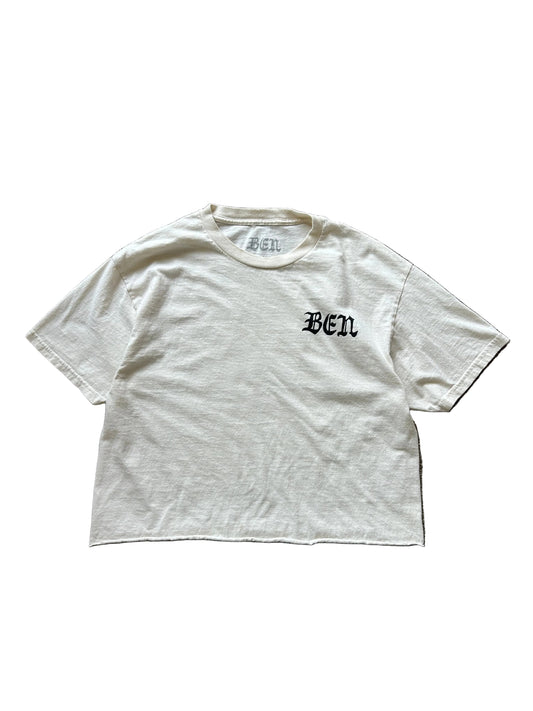 Cream cropped t-shirt with "BEN" printed in black on the chest and neckline Large