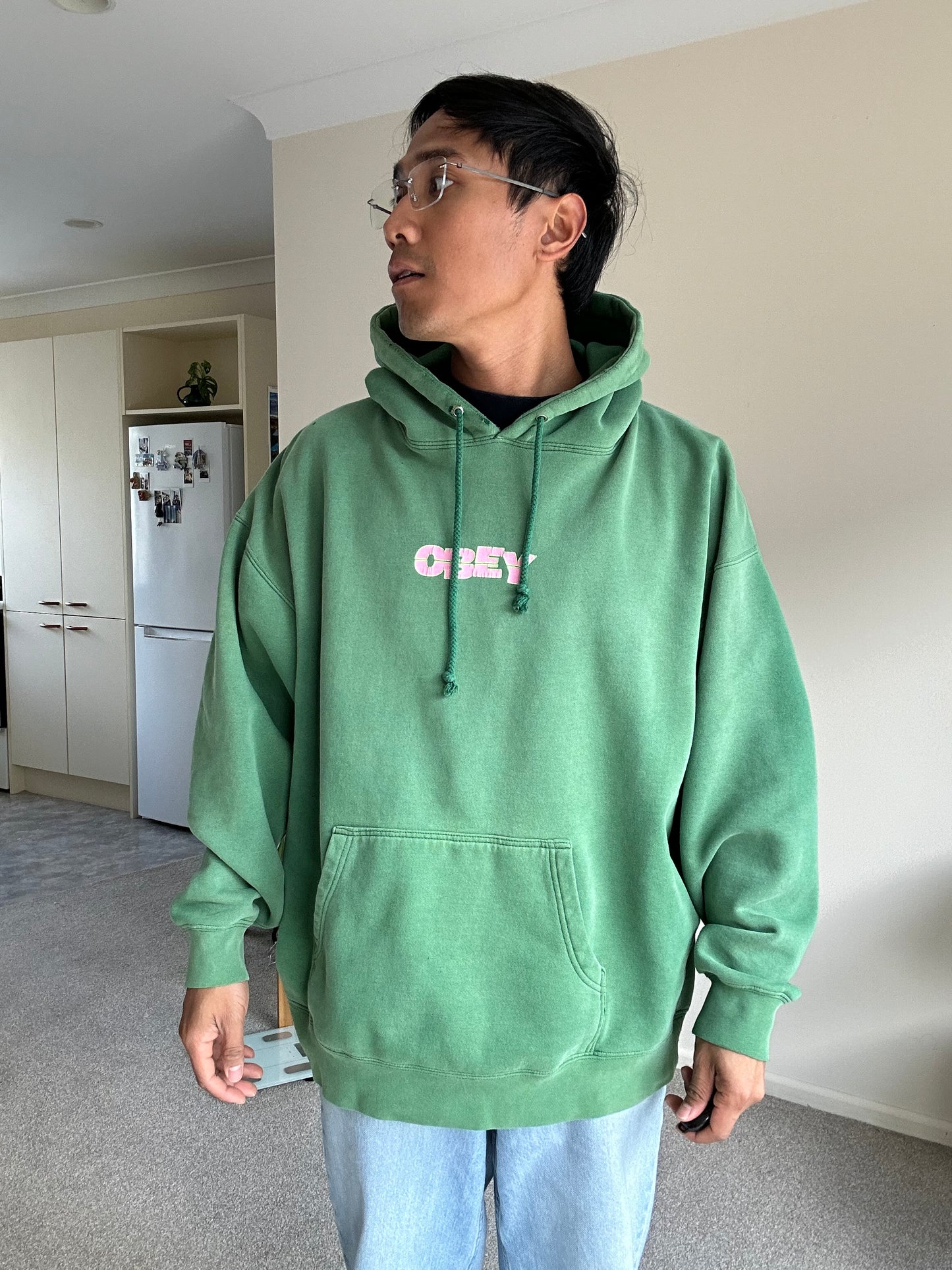 Obey Stack unisex heavyweight fleece hoodie in green Y2K Skate Brand XL Faded with multiple pinholes