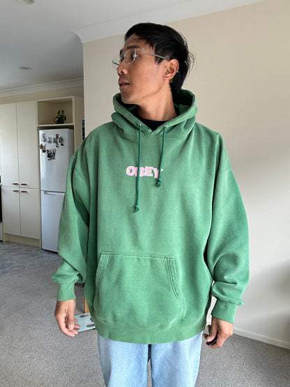 Obey Stack unisex heavyweight fleece hoodie in green Y2K Skate Brand XL Faded with multiple pinholes