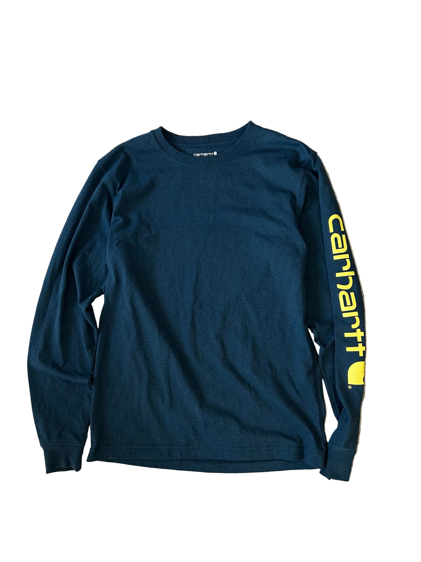 Carhartt Relaxed Fit Heavyweight Long-Sleeve Logo Sleeve Graphic T-Shirt in night blue heather with bold yellow lettering down the sleeve. Small