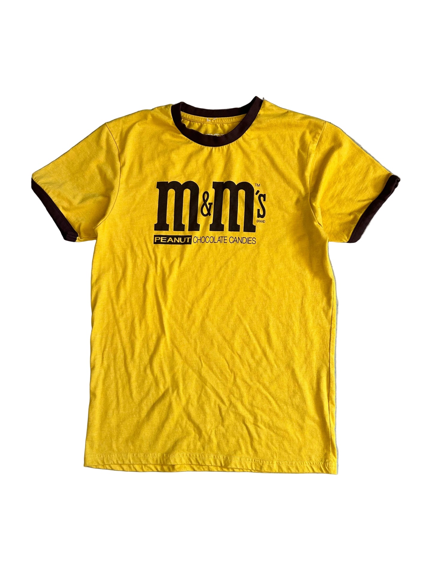 yellow M&M's Peanut Chocolate Candies ringer t-shirt featuring brown trim Medium