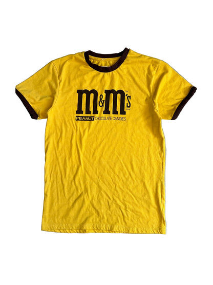 yellow M&M's Peanut Chocolate Candies ringer t-shirt featuring brown trim Medium
