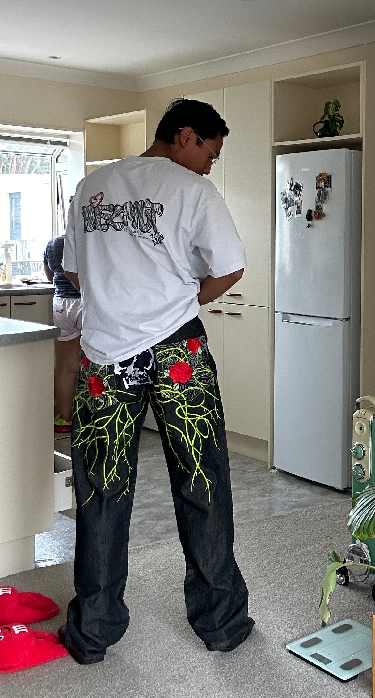 Vintahe RMC Martin Ksohoh wide-leg denim jeans with embroidered skull and rose graphics. size 35 waist