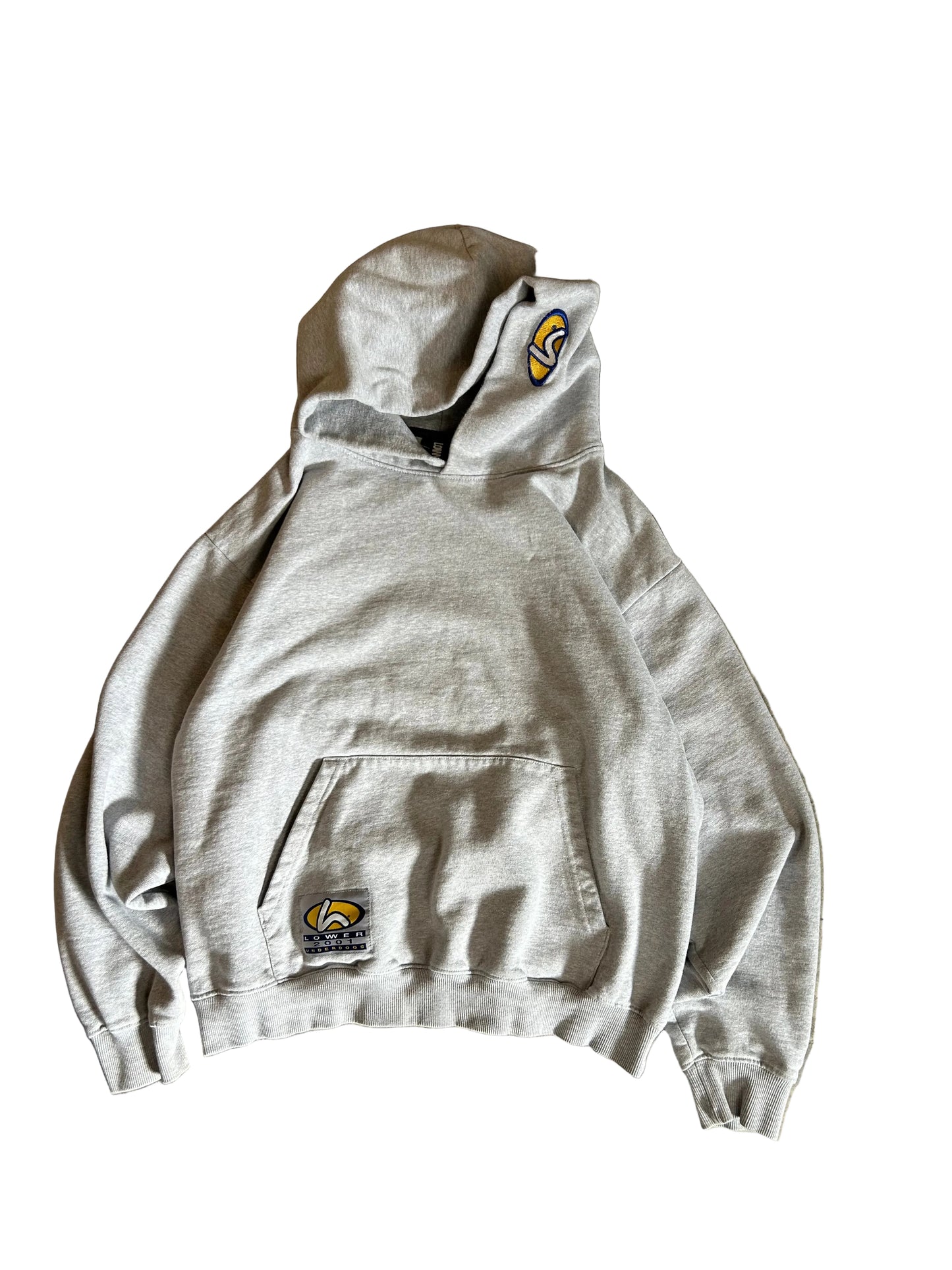 Lower hoodie featuring a distinctive yellow and blue logo patch on the hood and pocket Large Boxy