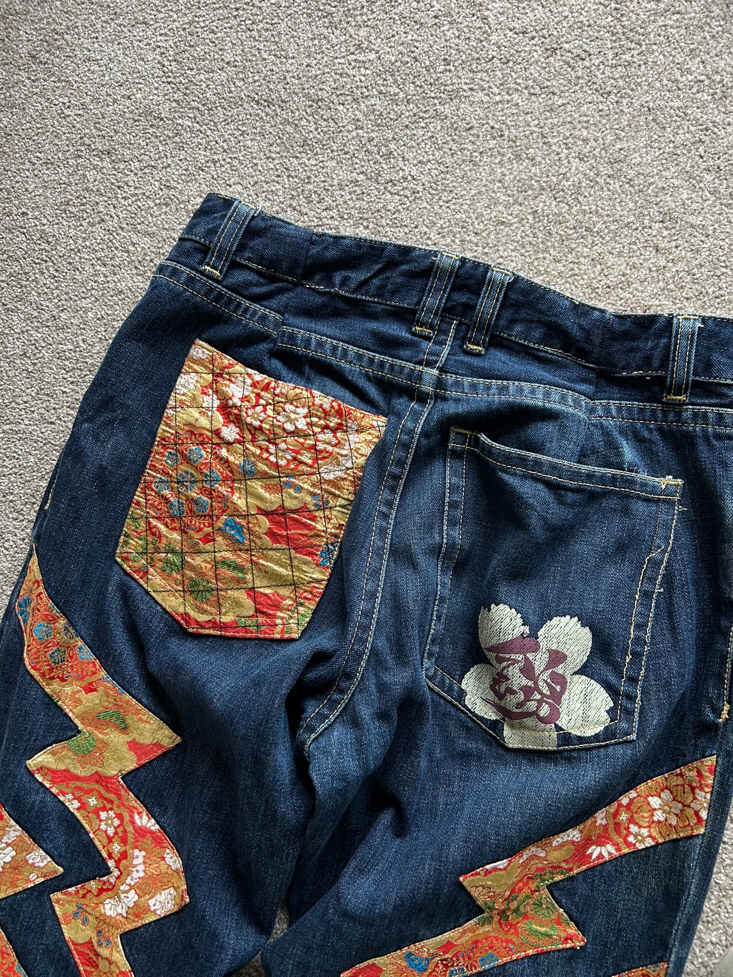 2010s Nishiki Japanese Kimono Thunder Patch Denim Jeans size 34