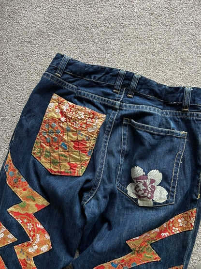 2010s Nishiki Japanese Kimono Thunder Patch Denim Jeans size 34
