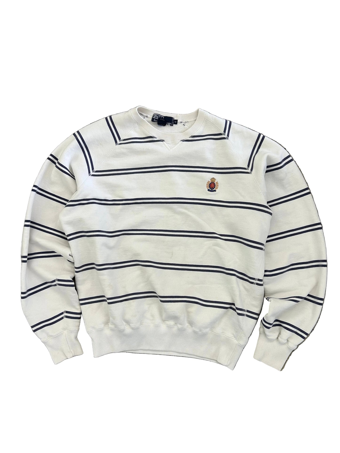 Vintage Polo Ralph Lauren striped crew neck sweater features a white base with navy horizontal stripes and an embroidered crest on the chest.