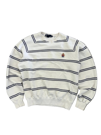 Vintage Polo Ralph Lauren striped crew neck sweater features a white base with navy horizontal stripes and an embroidered crest on the chest.