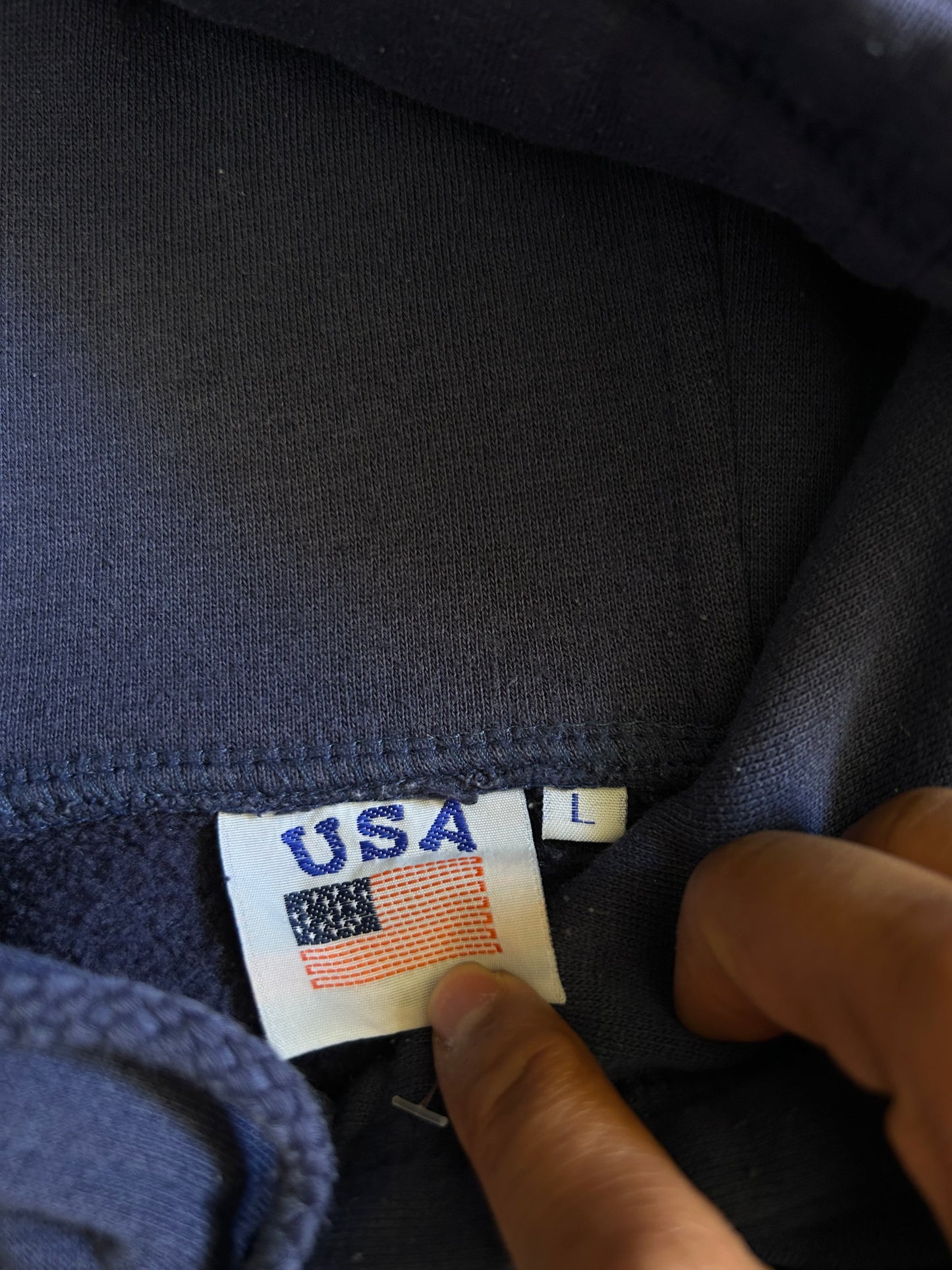 vintage navy blue hoodie features a prominent embroidered "USA" logo and an American flag graphic, Large