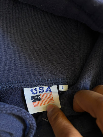 vintage navy blue hoodie features a prominent embroidered "USA" logo and an American flag graphic, Large