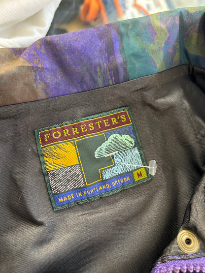 vintage Forrester's patterned zip-up jacket featuring an abstract purple, blue, and dark teal geometric tile design Medium