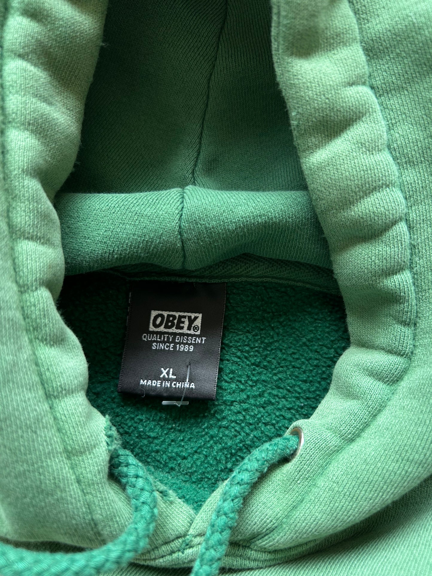 Obey Stack unisex heavyweight fleece hoodie in green Y2K Skate Brand XL Faded with multiple pinholes