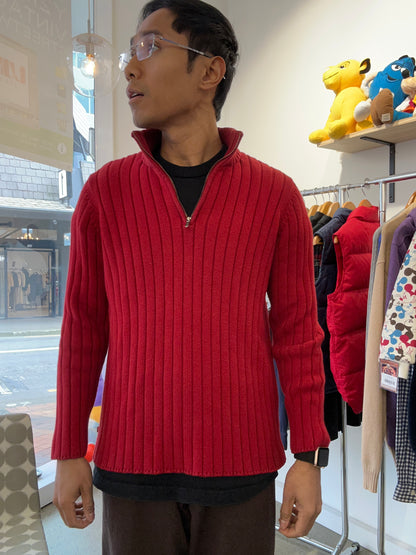classic red ribbed quarter-zip sweater by Polo Ralph Lauren featuring a high mock neckline and textured vertical ribbing Small