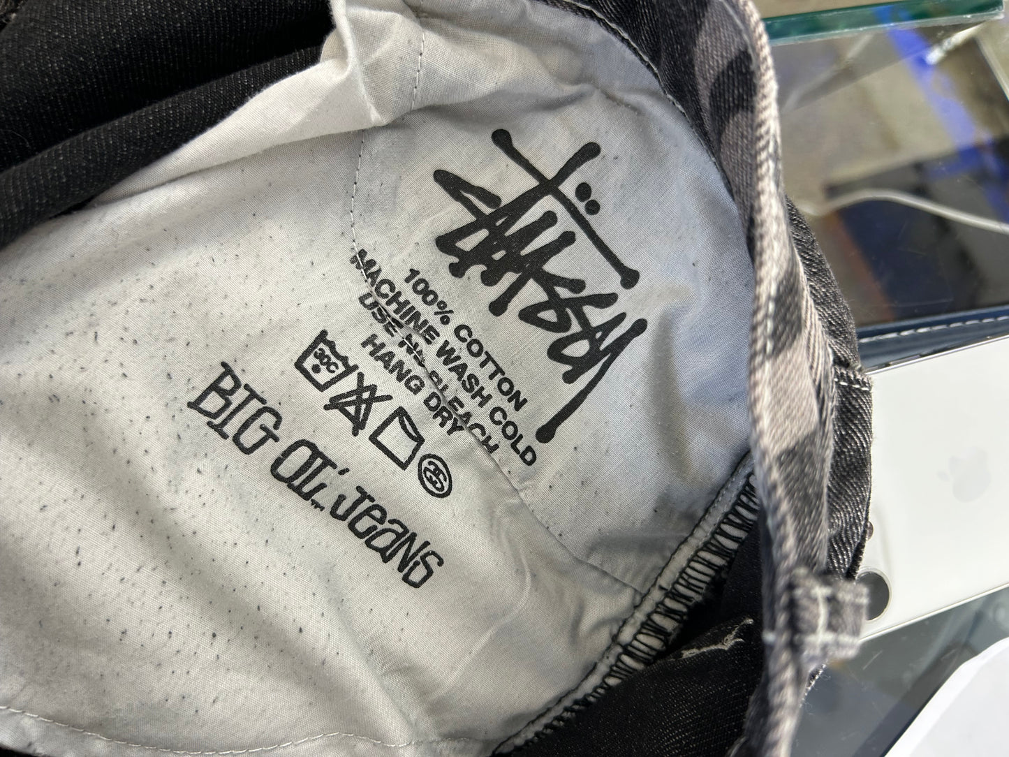 black Stüssy Stock 8 Big OL Jeans featuring an all-over washed graphic print of the brand's iconic 8-ball and stock logo 34
