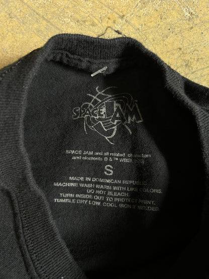 Small black graphic t-shirt featuring the characters and logo from the 1996 film Space Jam