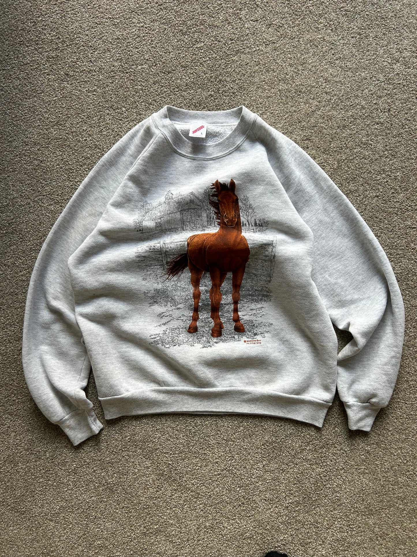 Vintage Horse Print Grey Sweater Medium Jerzees Tag