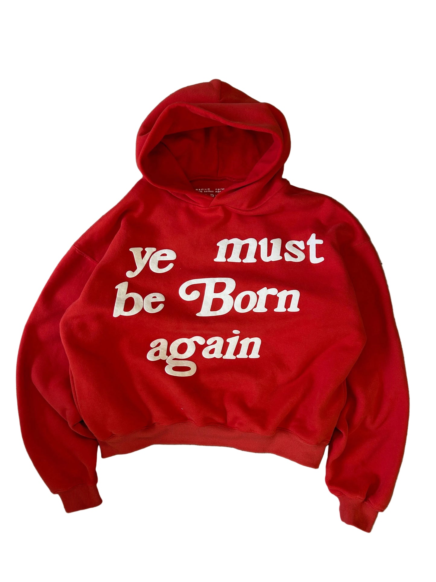 red Cactus Plant Flea Market (CPFM) "Ye Must Be Born Again" hoodie featuring prominent white puff-print lettering across the chest. Medium
