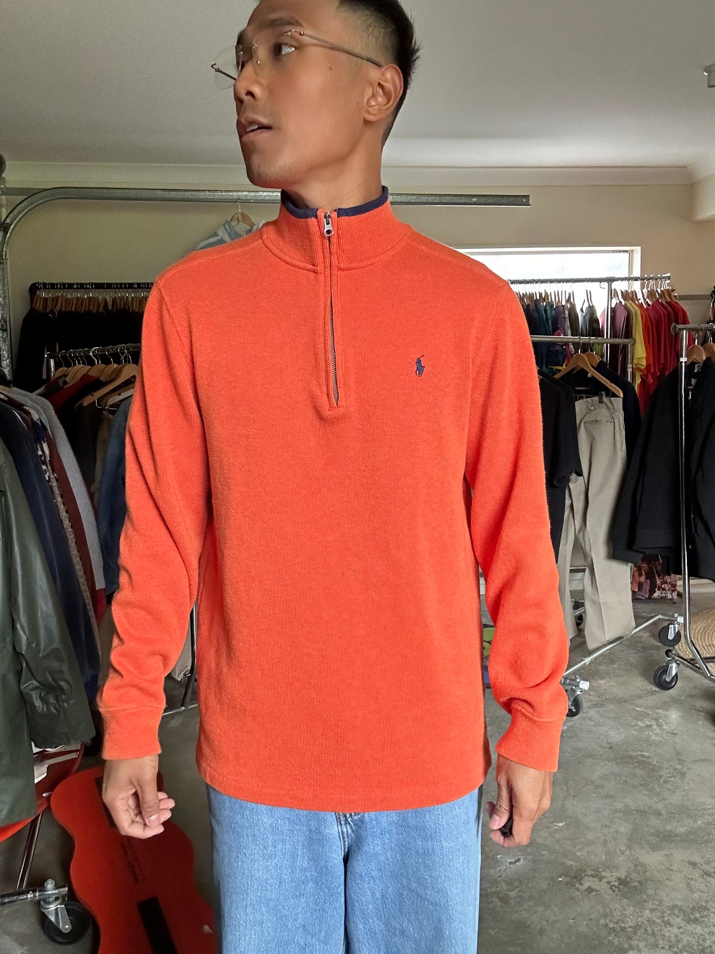 Polo Ralph Lauren quarter-zip pullover sweater, orange with a signature embroidered pony logo Medium