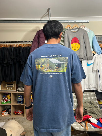 Vintage blue Swanndri t-shirt features a "Head Office" graphic print on the back Large