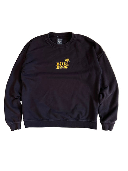 Faded black sweatshirt is a Billabong crewneck featuring a yellow palm tree logo on the chest Large