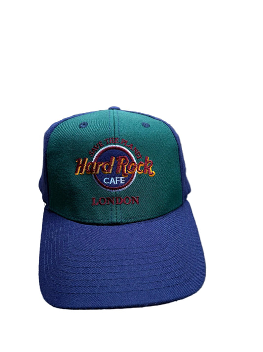 vintage Hard Rock Cafe London snapback hat features a colorblock design with a green crown and blue brim