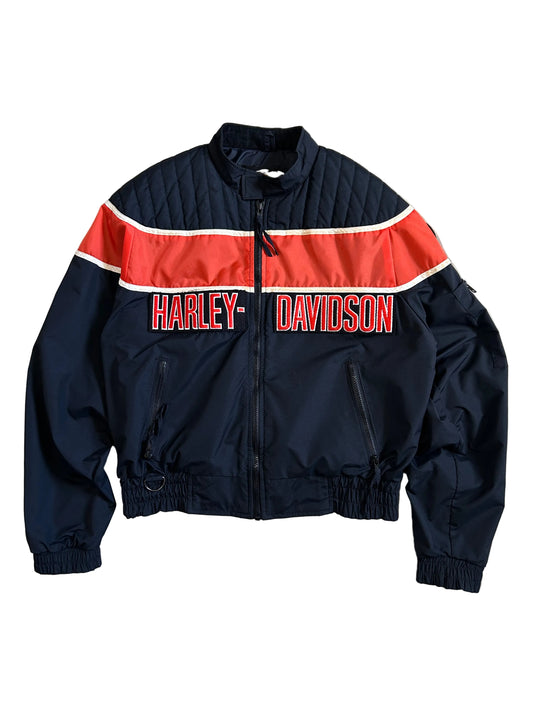 vintage Harley-Davidson racing-style bomber jacket, typically constructed from nylon and featuring a black and orange colorway with embroidered branding Large