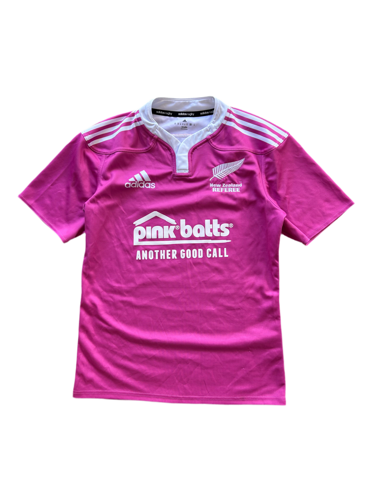 Adidas New Zealand All Blacks rugby referee jersey, featuring the Pink Batts sponsor logo Medium 2013