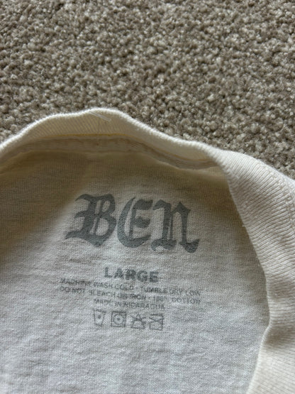 Cream cropped t-shirt with "BEN" printed in black on the chest and neckline Large