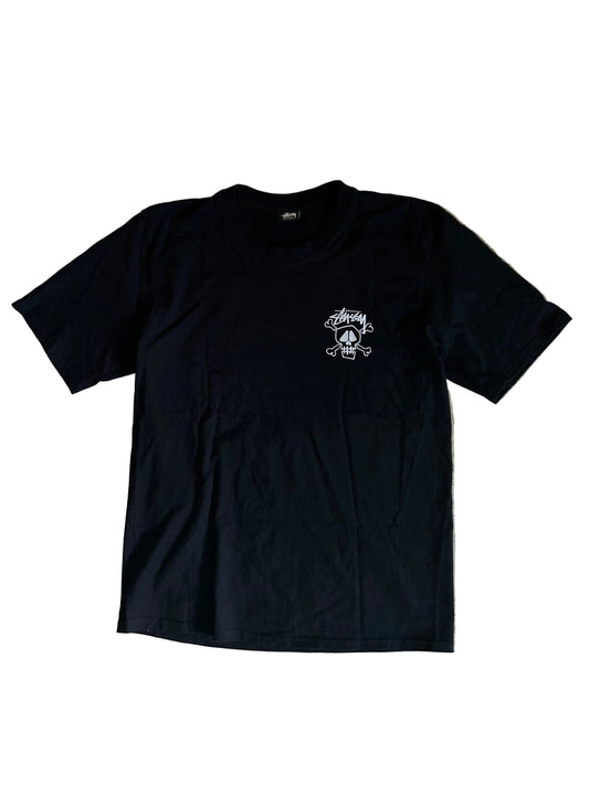 Stüssy Skull & Bones Pigment Dyed T-shirt in black, featuring a screen-printed graphic on the back XL