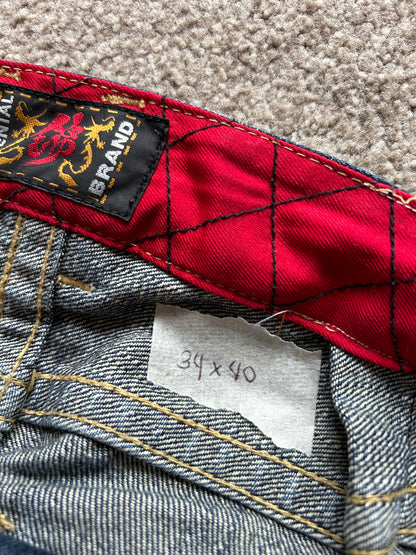 2010s Nishiki Japanese Kimono Thunder Patch Denim Jeans size 34
