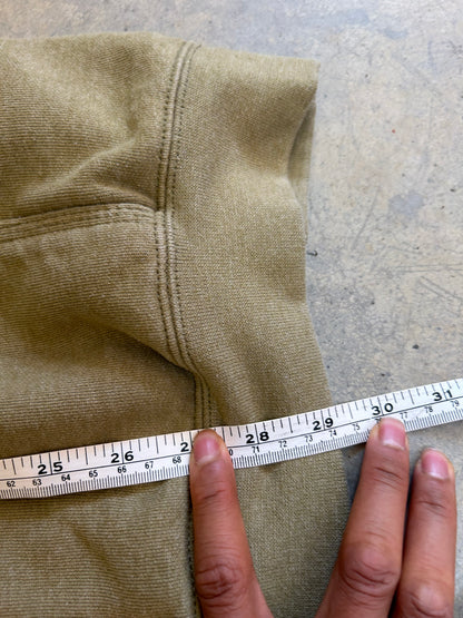 olive Carhartt K288 hooded sweatshirt features a "Carhartt" graphic printed down the left sleeve XL