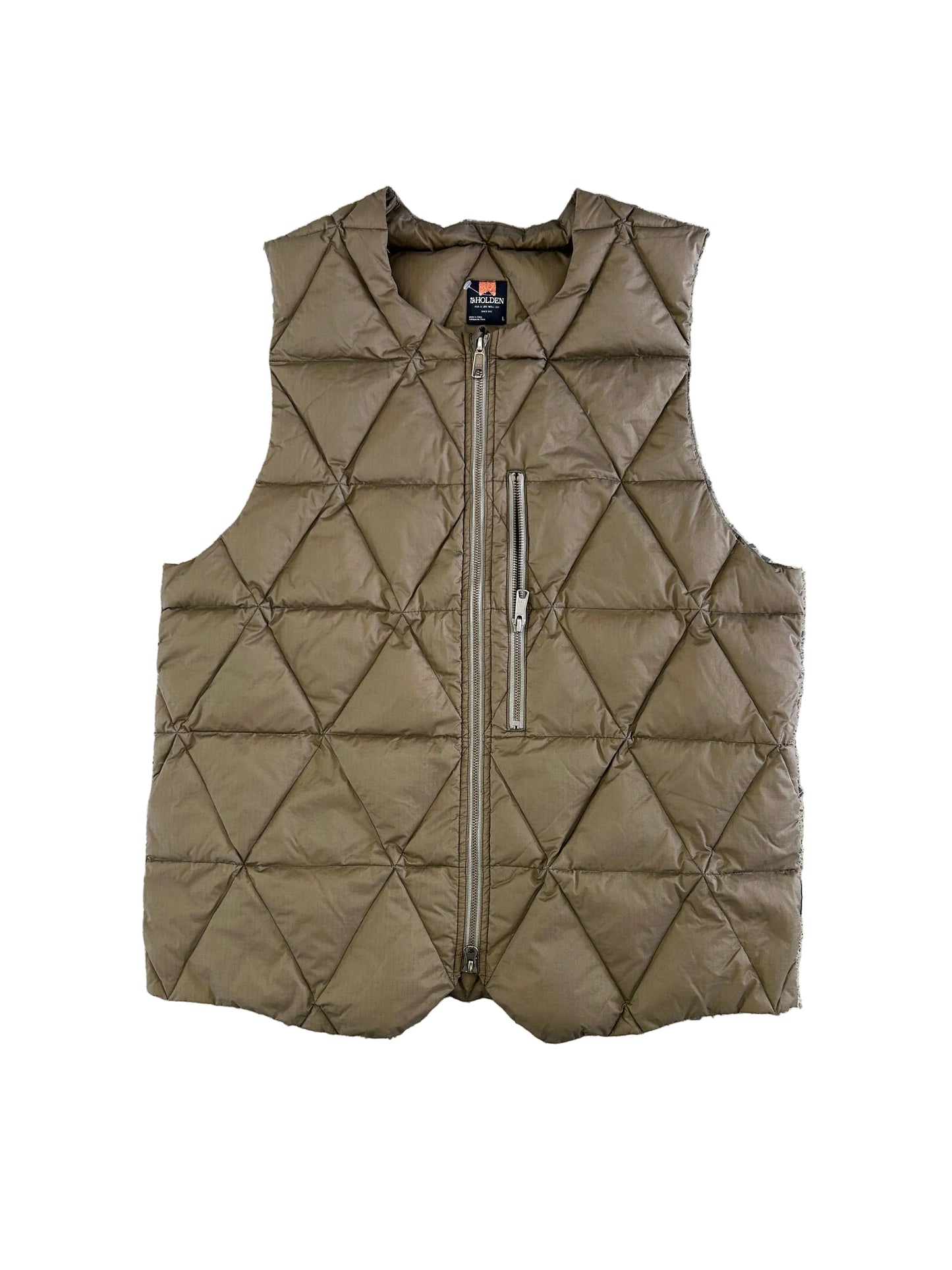 Holden Pyramid Down Vest in a brown olive color, featuring a unique triangular quilted pattern. Large