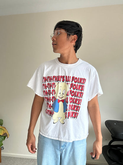 white Looney Tunes Porky Pig "That's All Folks!" vintage graphic t-shirt Dated 1993 White Cropped