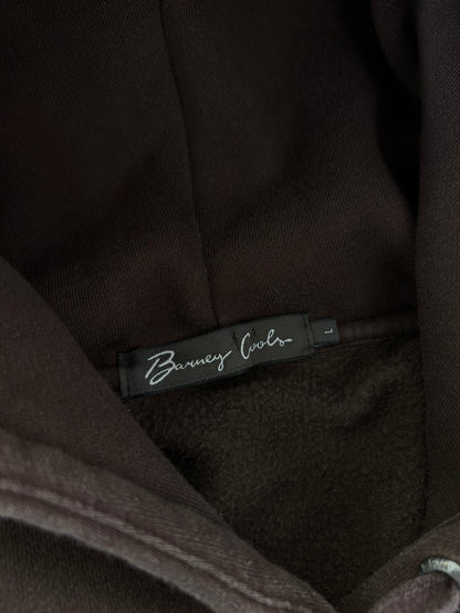 brown Barney Cools hoodie features a small white embroidered logo on the chest and a relaxed, boxy fit. Large
