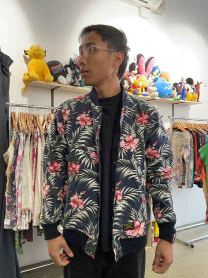 WTAPS 15SS Team Reversible Jacket (often called the Team JKT), featuring a Detroit Tigers-style "D" logo on the chest and a reversible floral/hibiscus lining Large