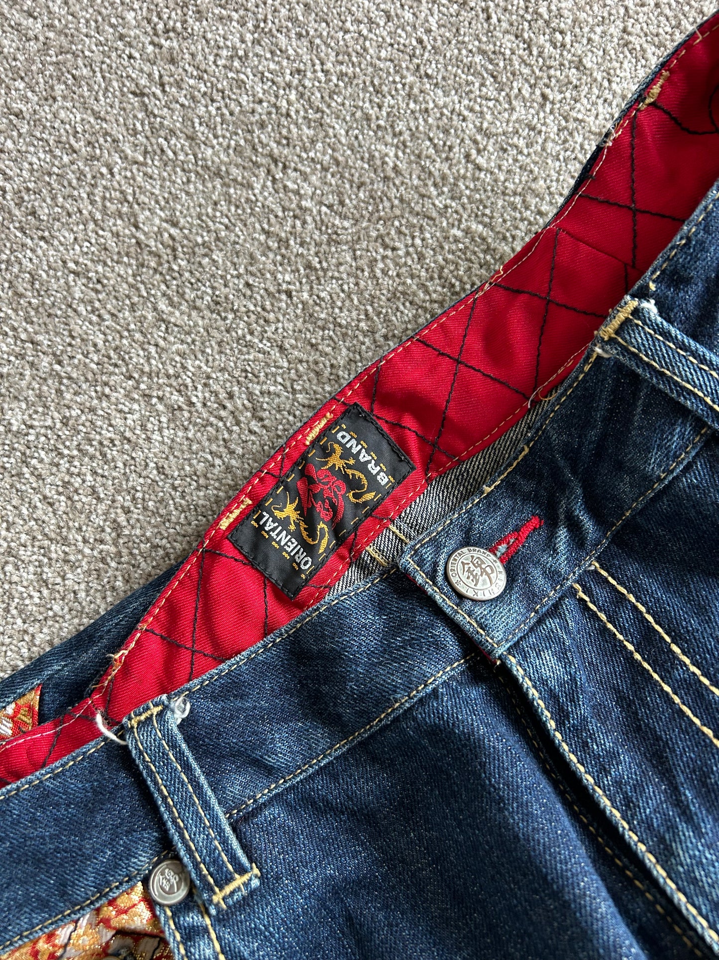 2010s Nishiki Japanese Kimono Thunder Patch Denim Jeans size 34