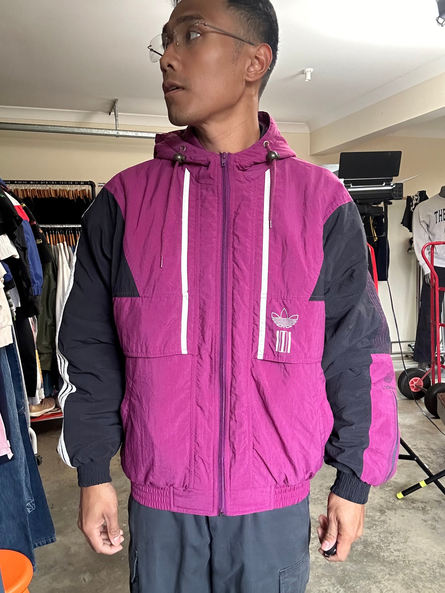 Vintage Adidas burgundy Nylon Zip Hoodie Medium