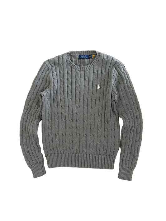 Polo Ralph Lauren cable-knit sweater features a signature pony motif on a heather grey cotton blend Women's