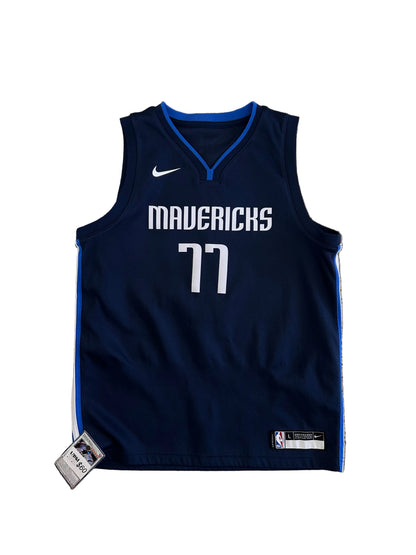 blue Nike NBA Luka Dončić Dallas Mavericks Statement Edition Swingman Jersey featuring the number 77 Small