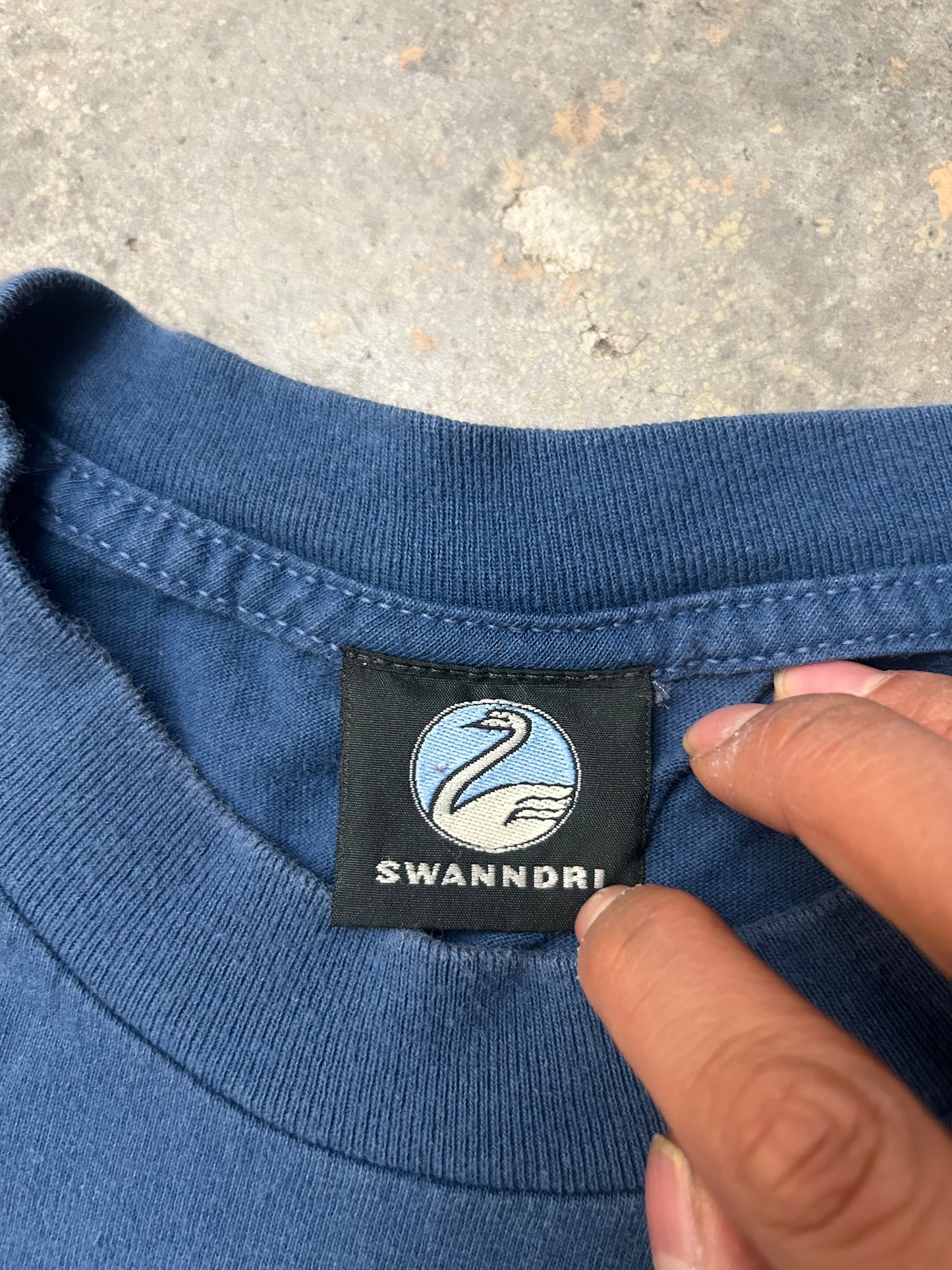 Vintage blue Swanndri t-shirt features a "Head Office" graphic print on the back Large