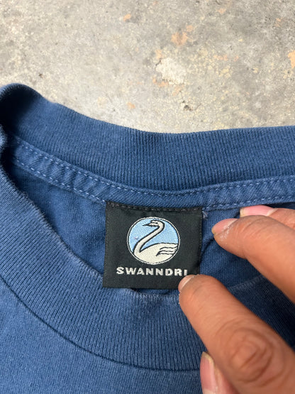 Vintage blue Swanndri t-shirt features a "Head Office" graphic print on the back Large