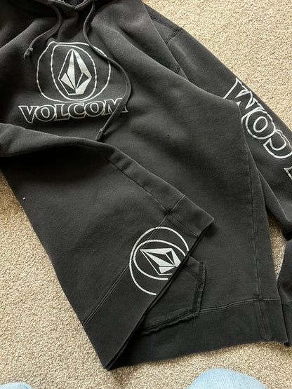 Volcom Boulder Pullover Fleece Hoodie in charcoal heather Black XL Faded with Pinholes Y2K Skate