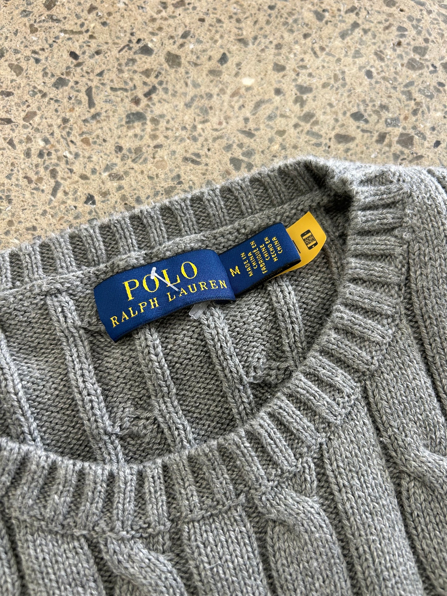 Polo Ralph Lauren cable-knit sweater features a signature pony motif on a heather grey cotton blend Women's