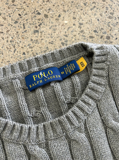 Polo Ralph Lauren cable-knit sweater features a signature pony motif on a heather grey cotton blend Women's