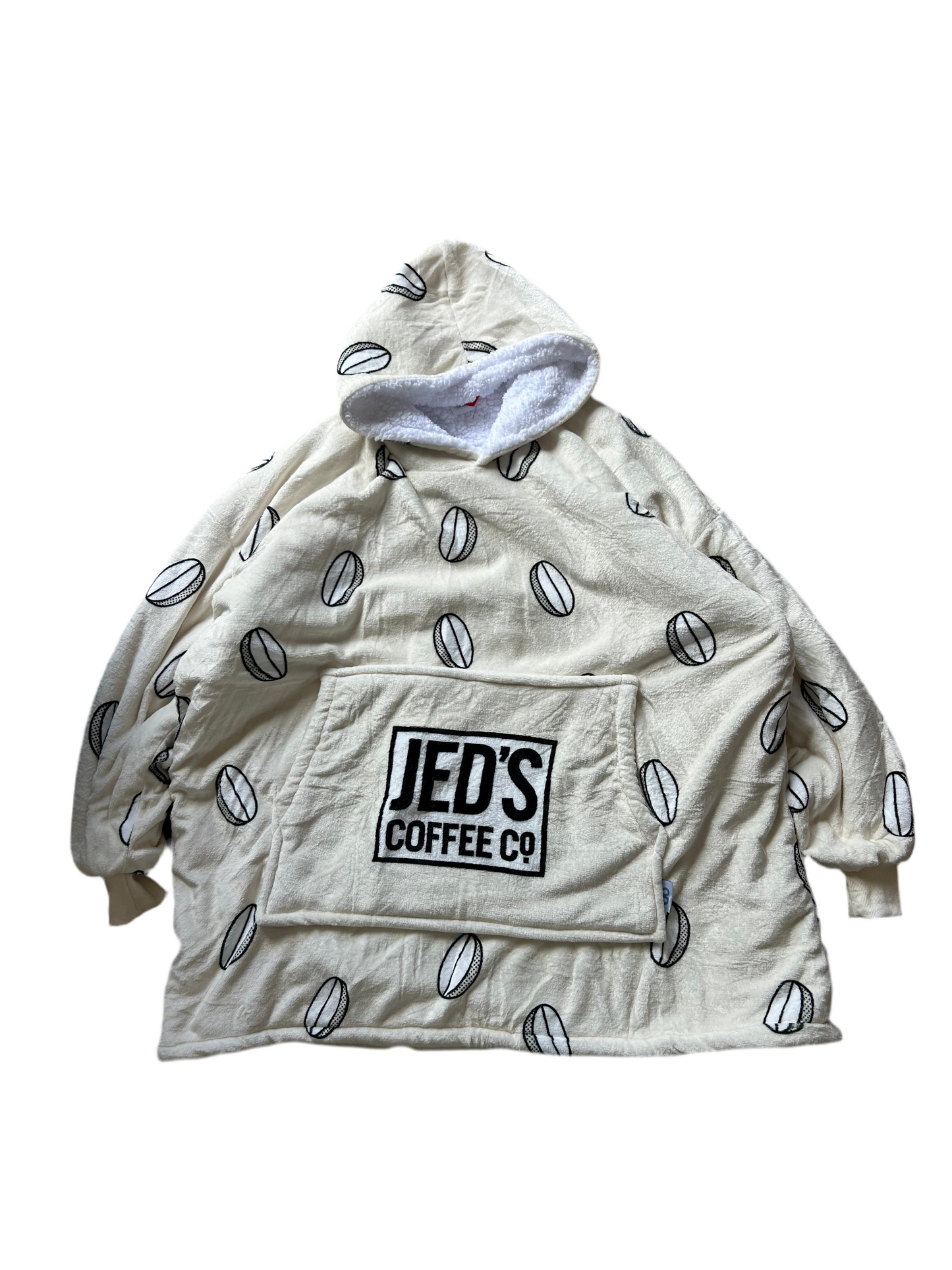 Jed's branded wearable blanket hoodie, "Oodie Cream