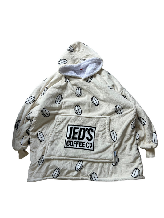 Jed's branded wearable blanket hoodie, "Oodie Cream