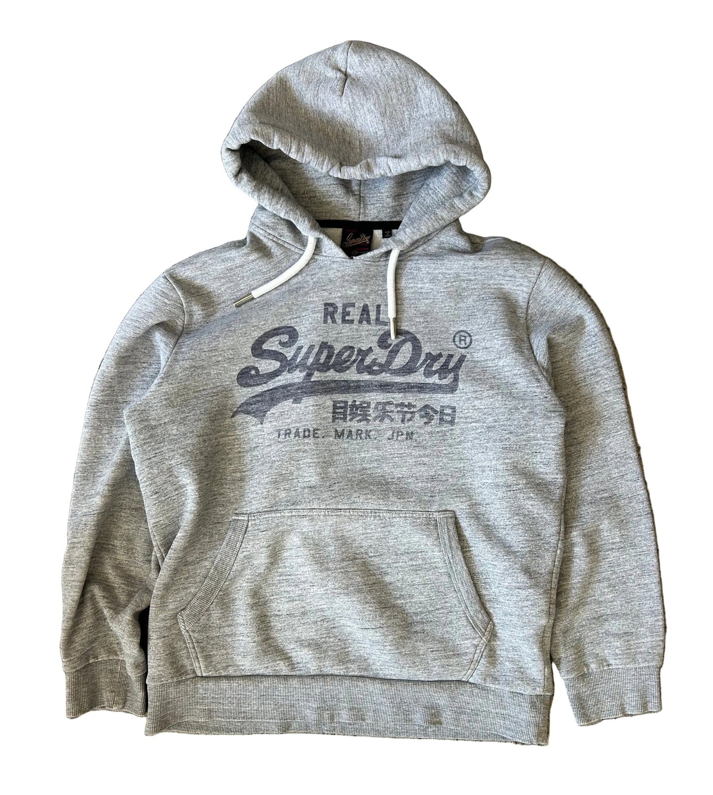 heather grey Superdry Vintage Logo Heritage Hoodie features a distinct cracked graphic print on the chest