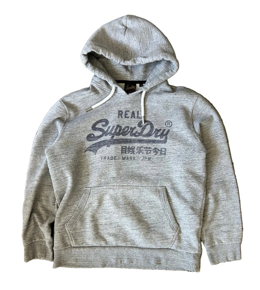 heather grey Superdry Vintage Logo Heritage Hoodie features a distinct cracked graphic print on the chest